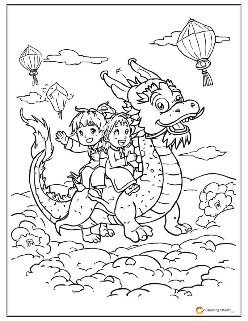 Friendly kids coloring page of happy children riding a decorated Chinese dragon through traditional clouds with kites and lanterns in the sky