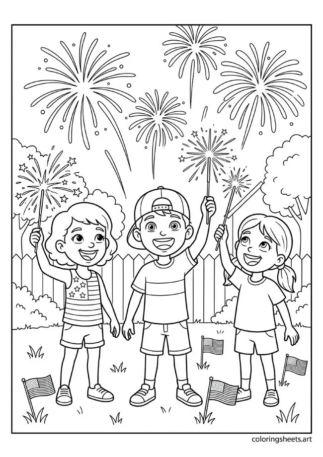 Three excited children holding sparklers in backyard at night with American flags and fireworks bursting above 4th of July coloring page