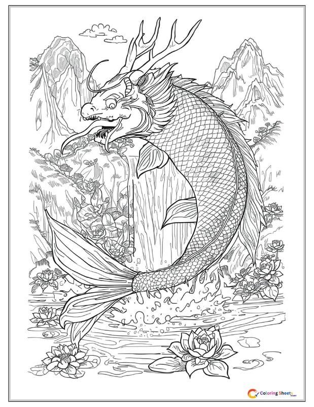 Chinese mythology coloring page of a koi fish transforming into a dragon as it leaps through a waterfall with lotus flowers and traditional wave patterns