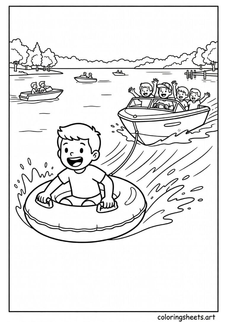 Kid screaming with joy on inner tube behind motorboat on American lake with wooded shoreline and dock summer coloring page — free printable PDF