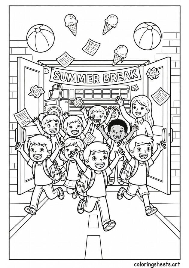 American kids bursting out of school on last day throwing papers backpacks flying Summer Break bus and teacher waving coloring page — free printable PDF