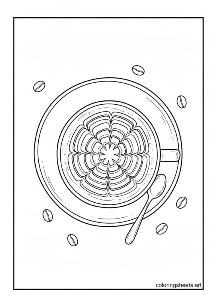 Top view latte cup rosette milk foam pattern saucer spoon coffee beans scattered coloring page
