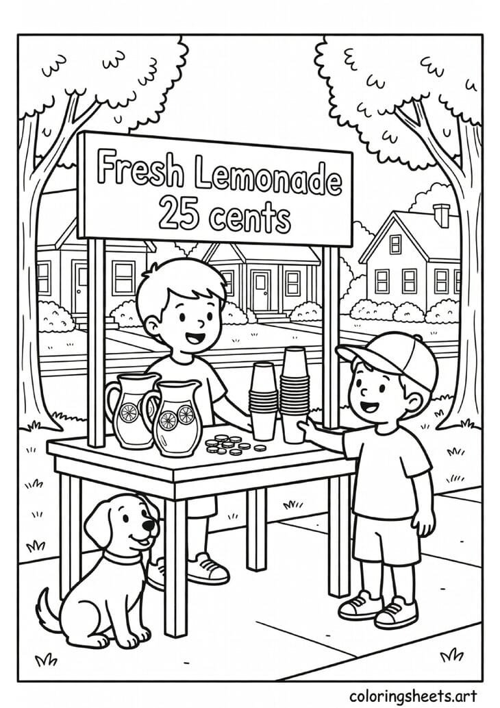 Classic American lemonade stand with child entrepreneur serving customer dog mascot and Fresh Lemonade 25 cents sign summer coloring page — free printable PDF