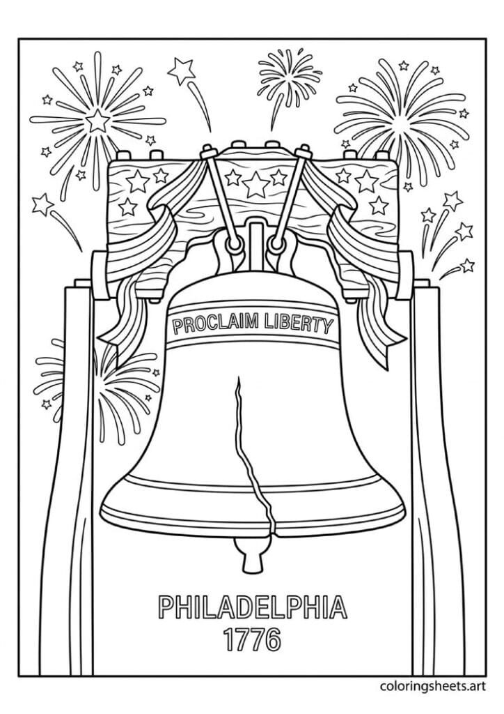 Iconic Liberty Bell with famous crack Proclaim Liberty inscription wooden yoke Philadelphia 1776 and fireworks 4th of July coloring page — free printable PDF