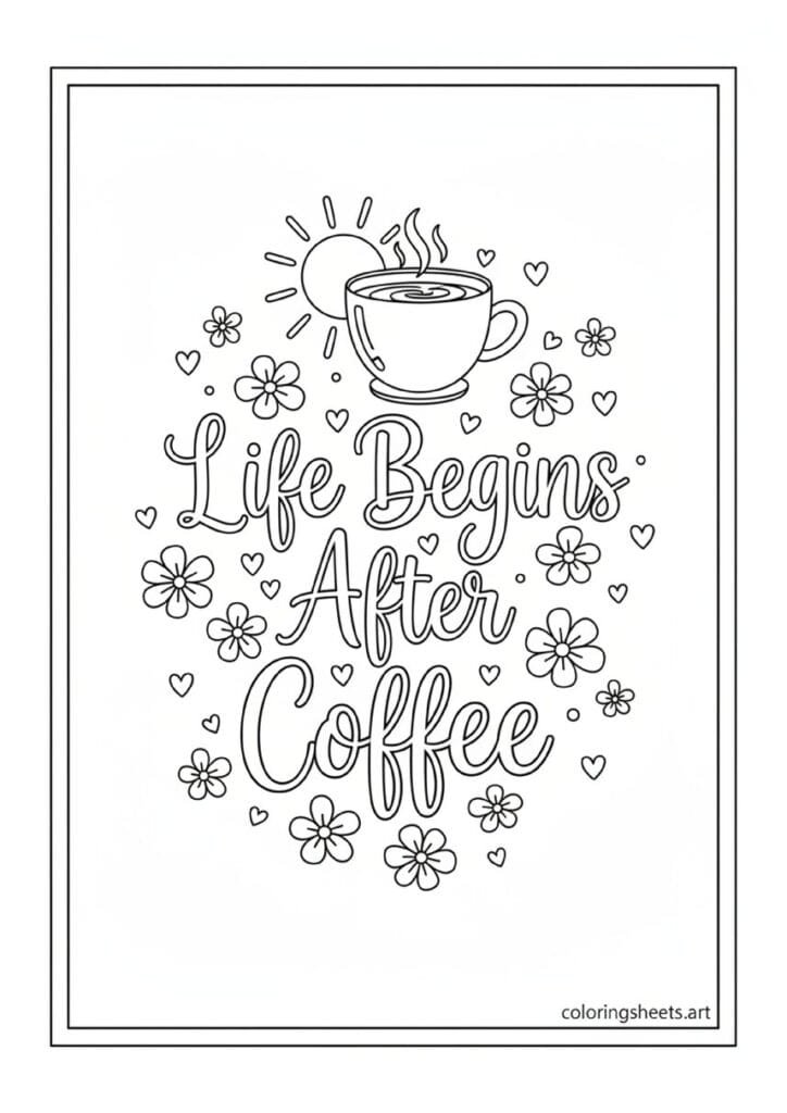 Life Begins After Coffee script lettering with sunrise mug flowers hearts double-line frame coloring page — free printable PDF