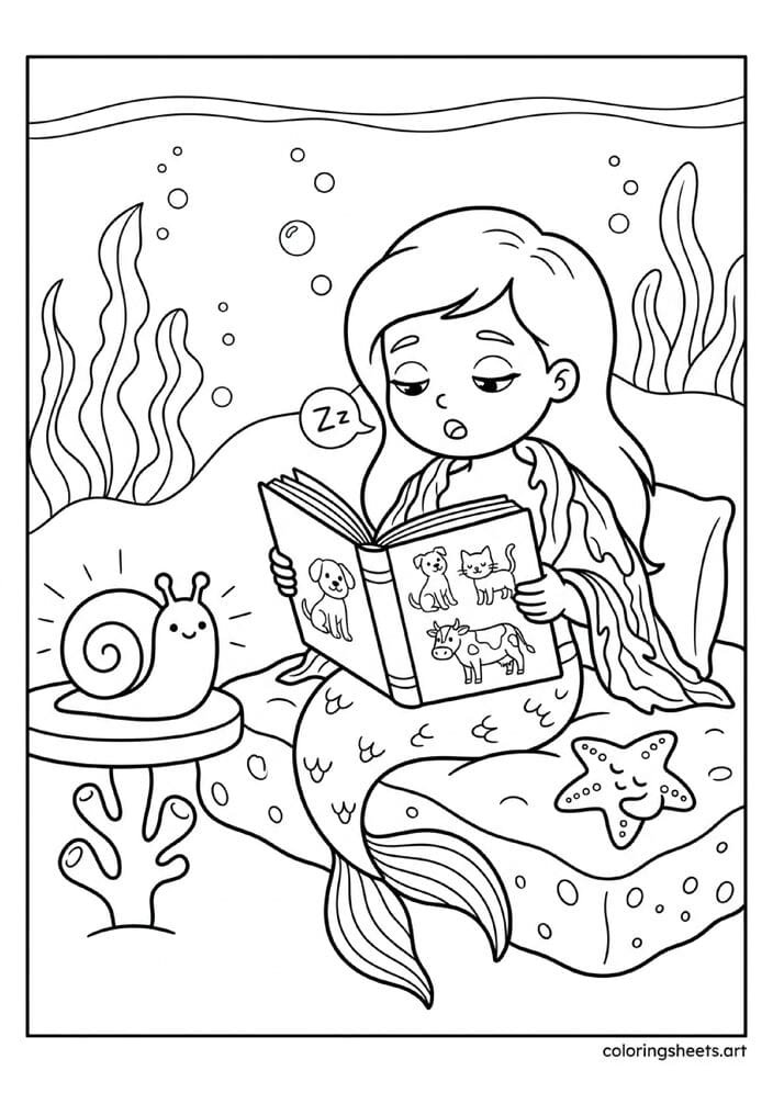 Baby mermaid reading in sea sponge bed coloring page, snail nightlight and sleeping starfish pet, free printable PDF