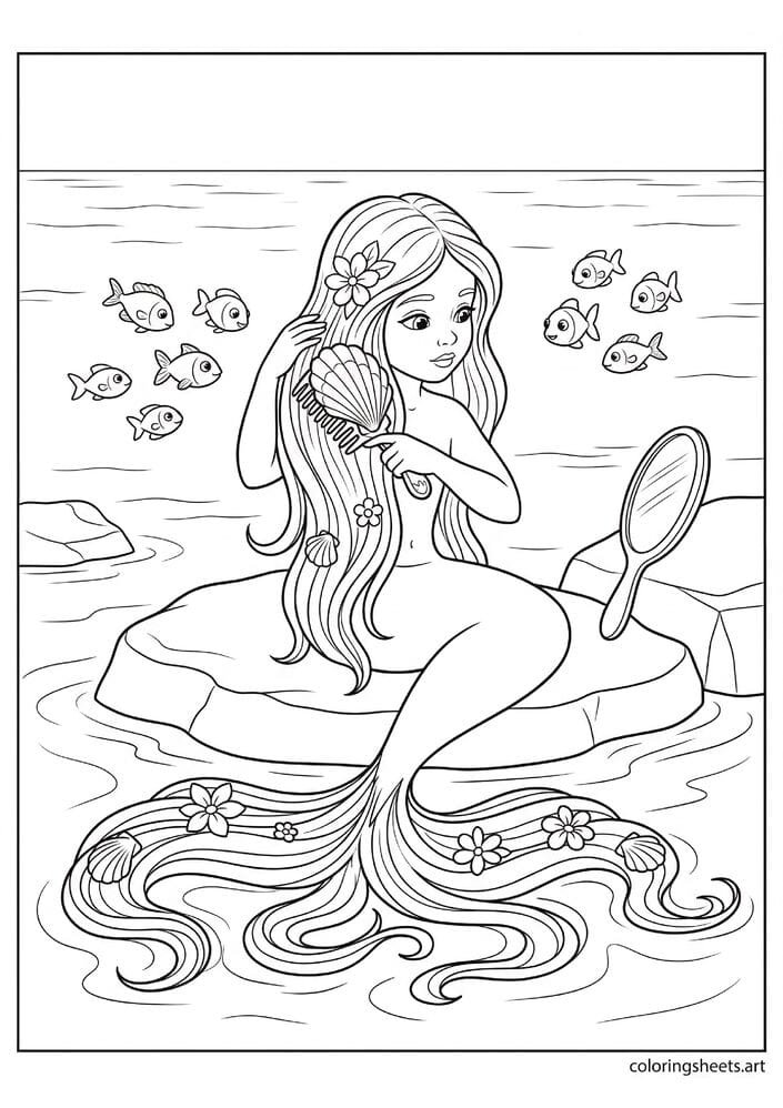 Little mermaid brushing long hair with shell comb coloring page, hand mirror on rock, free printable PDF.