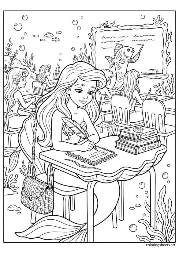 Little mermaid writing in seaweed notebook at clamshell desk coloring page, coral chalkboard and teacher, free printable PDF.