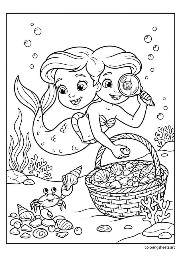Little mermaid collecting shells and sea glass coloring page, crab helper and shell magnifying glass, free printable PDF.