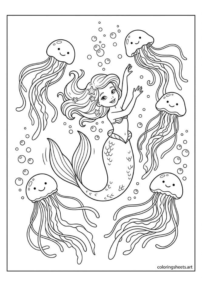 Little mermaid dancing with glowing jellyfish coloring page, swaying tentacles and bubbles, free printable PDF.