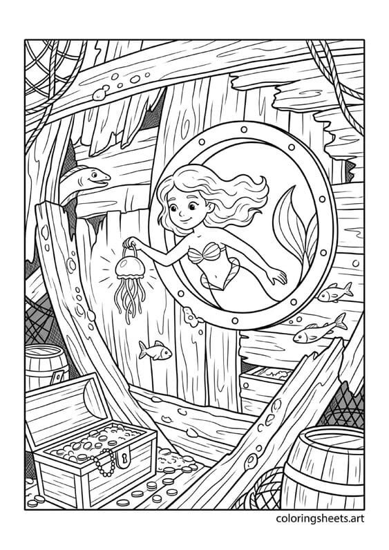 Little mermaid exploring sunken ship through porthole coloring page, jellyfish lantern and treasure chest, free printable PDF.