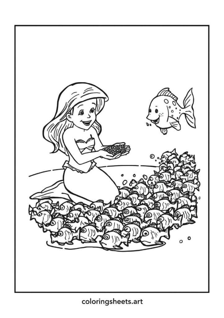 Little mermaid feeding fish in a queue coloring page, large fish as queue-keeper, ocean life scene, free printable PDF.