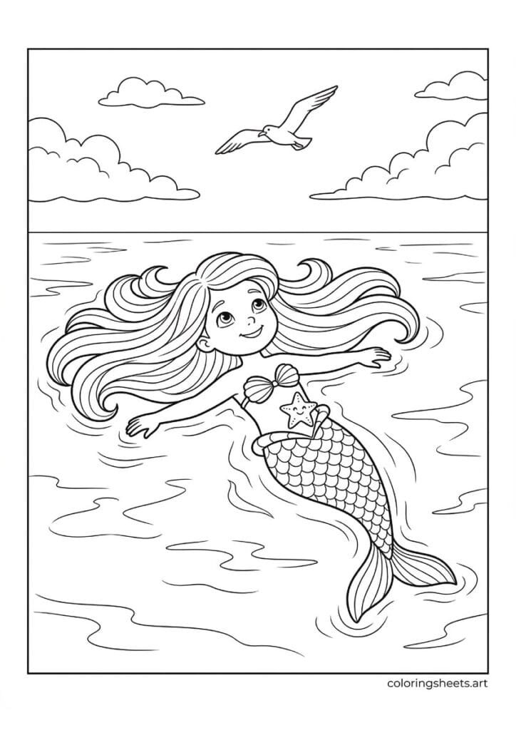 Little mermaid floating on back coloring page, starfish on tummy and fluffy clouds, ocean surface, free printable PDF.