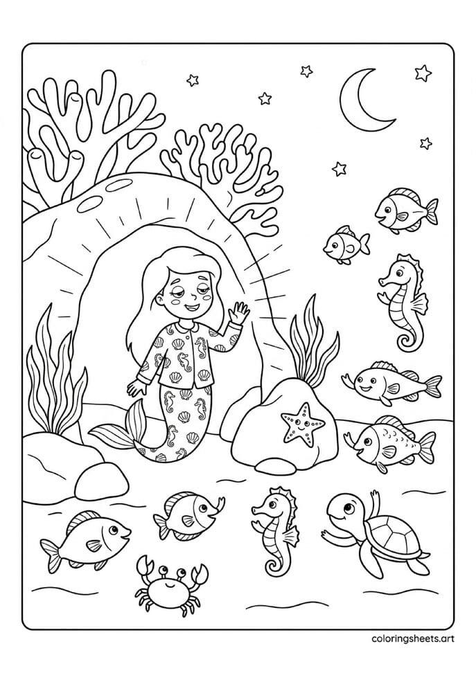 Sleepy little mermaid in pajamas waving goodnight coloring page, sea creatures and moonlit sky scene, free printable PDF.