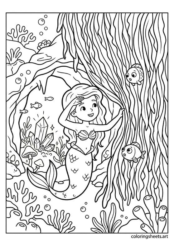 Little mermaid revealing glowing underwater cave with crystals coloring page, bioluminescent plants, free printable PDF.