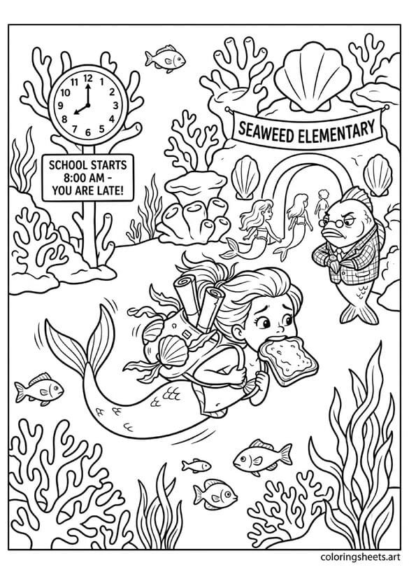 Little mermaid running late for school coloring page, backpack and seaweed toast, teacher fish tapping watch, free PDF.
