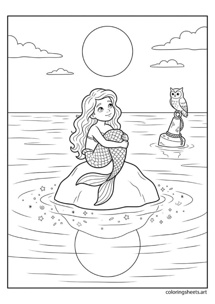 Little mermaid hugging knees on rock coloring page, moonlit ocean reflection and owl on buoy, free printable PDF.