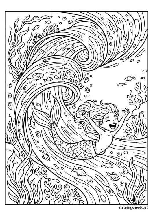Little mermaid riding ocean current coloring page, tunnel of sea plants and fish, exhilarated laughing, free printable PDF.
