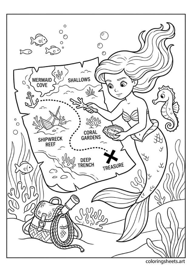 Little mermaid studying seaweed ocean map coloring page, shell compass and seahorse companion, free printable PDF.