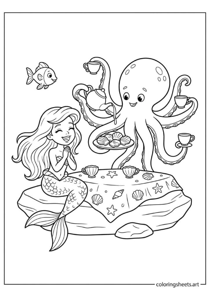 Little mermaid at underwater tea party coloring page, octopus holding teacups, fish waiter and cookies, free printable PDF.