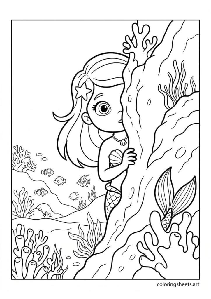 Shy little mermaid peeking from behind coral coloring page, curious wide eye and tail fin, free printable PDF.