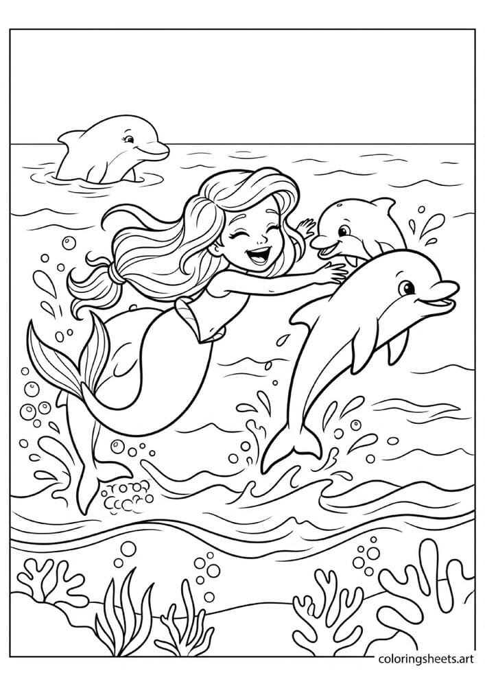 Little mermaid playing tag with baby dolphins coloring page, laughing and leaping in water, free printable PDF.