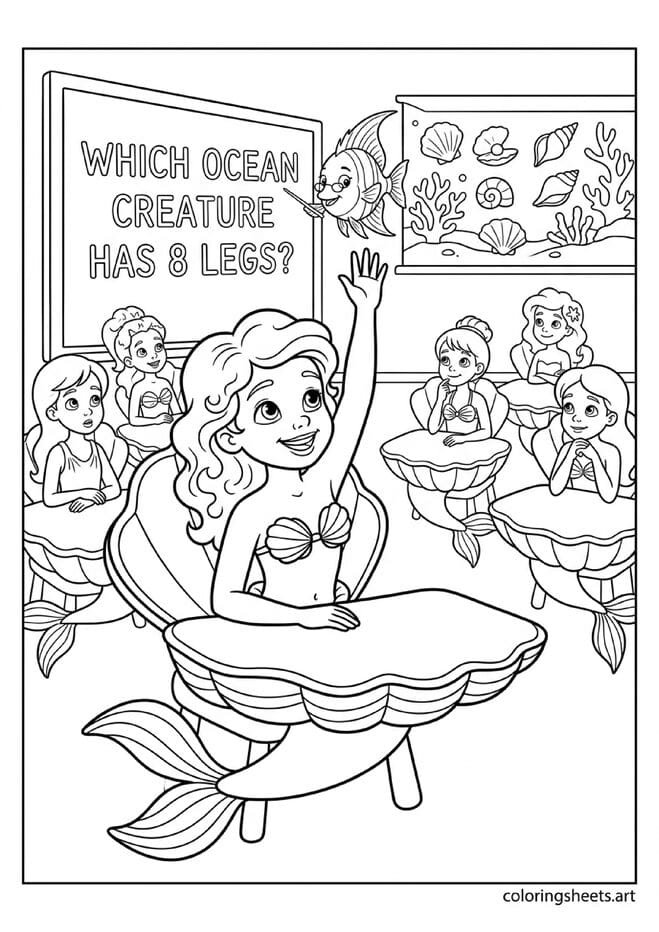 Little mermaid raising hand at clamshell desk coloring page, teacher fish and coral chalkboard, free printable PDF.