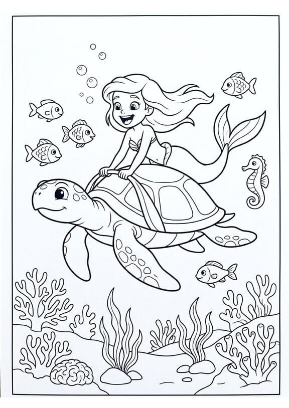 Little mermaid riding friendly sea turtle coloring page, seahorse and fish swimming alongside, free printable PDF.