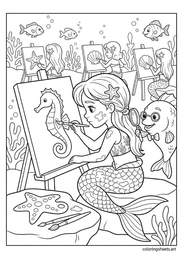 Little mermaid in underwater art class coloring page, painting seahorse with teacher, free printable PDF.