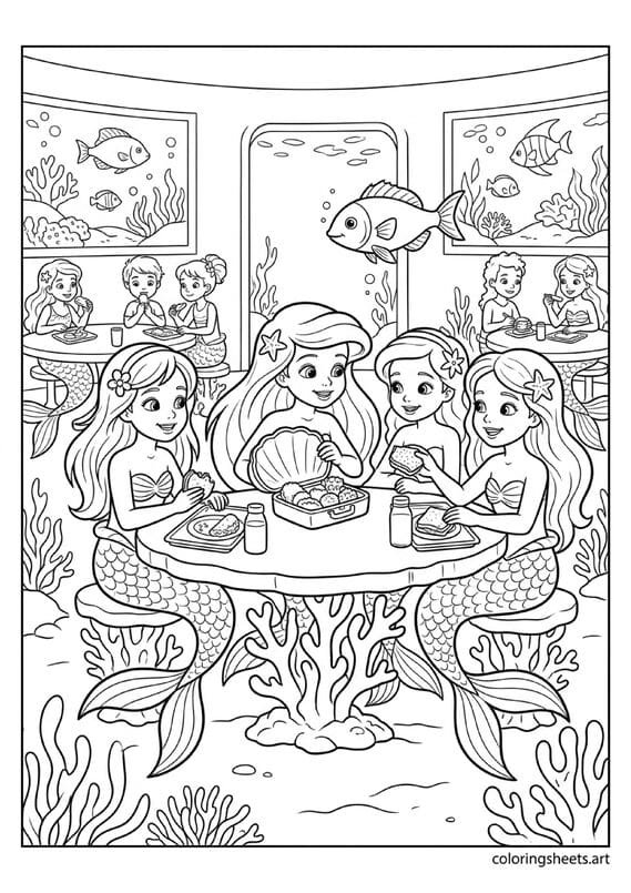 Little mermaid at ocean cafeteria coloring page, opening shell lunchbox with friends, fish lunch monitor, free printable PDF.
