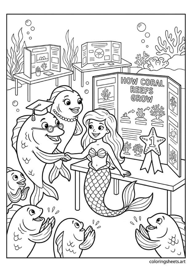 Little mermaid winning science fair coloring page, first place ribbon on coral project, teacher and friends, free printable PDF.