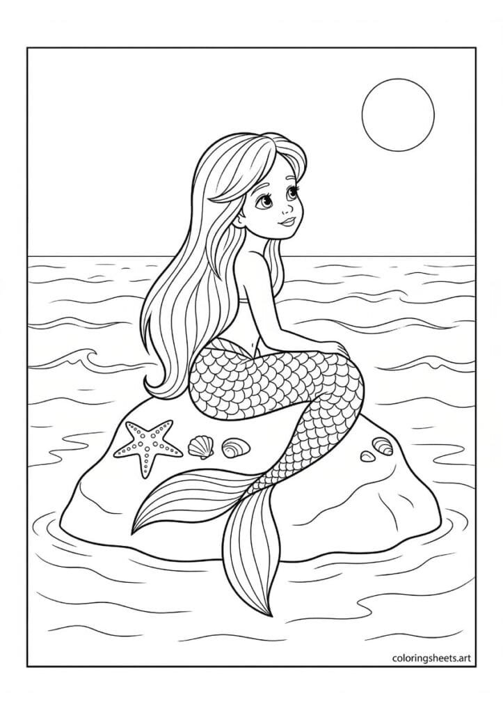 Little mermaid sitting on ocean rock coloring page, long flowing hair and patterned tail, free printable PDF.