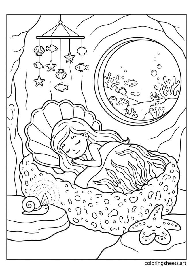 Little mermaid sleeping in sea sponge bed coloring page, snail nightlight and shell mobile, free printable PDF.