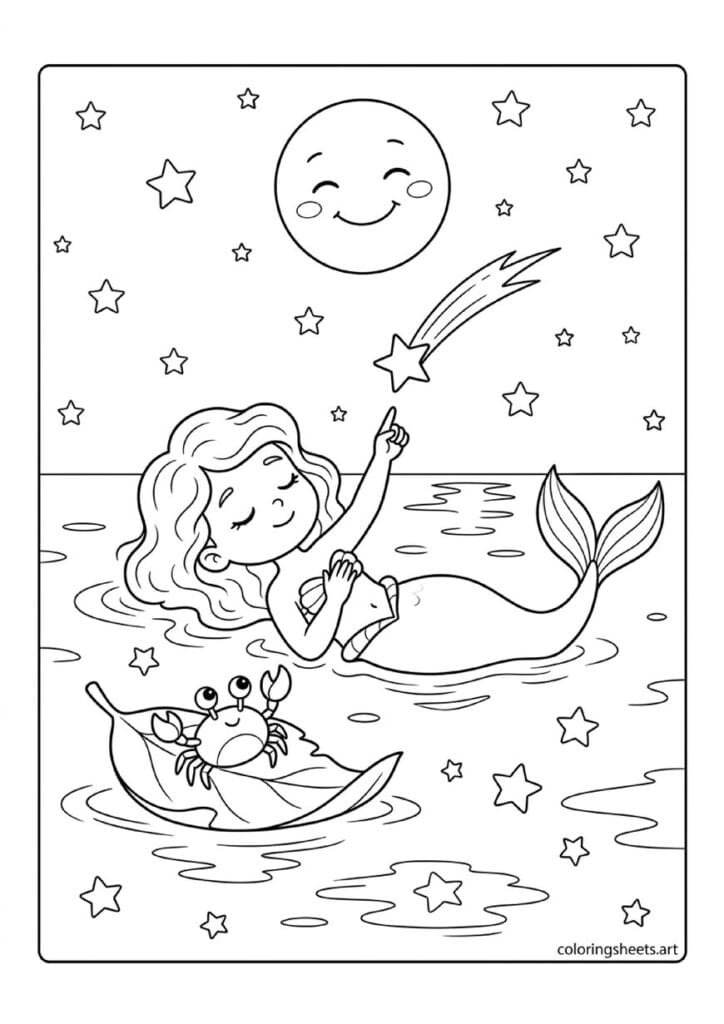 Little mermaid floating at night pointing at shooting star coloring page, crab in leaf boat, full moon, free printable PDF.