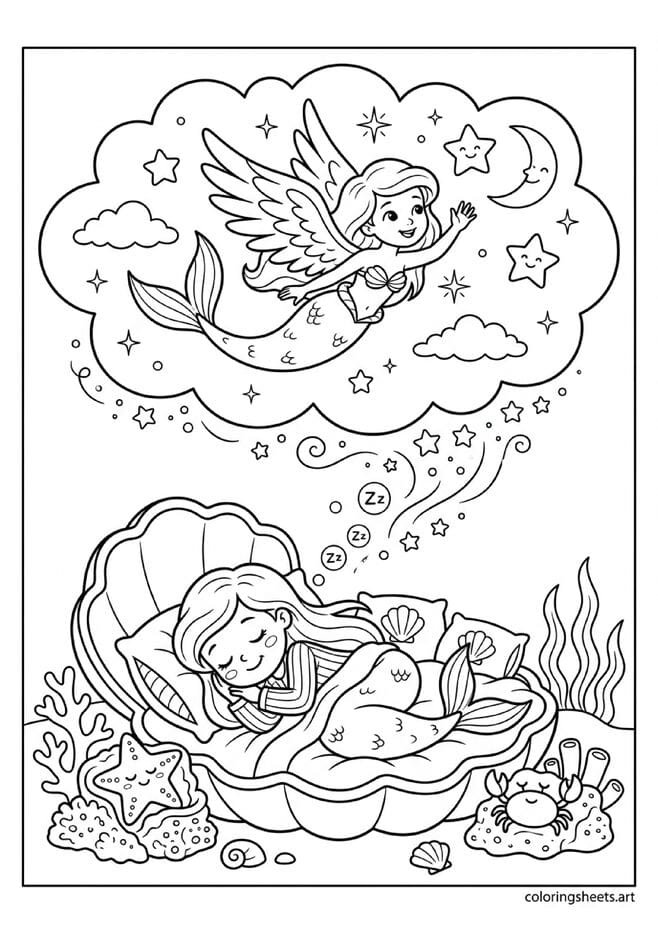 Little mermaid dreaming of flying coloring page, dream cloud with stars and sleeping sea creatures, free printable PDF.