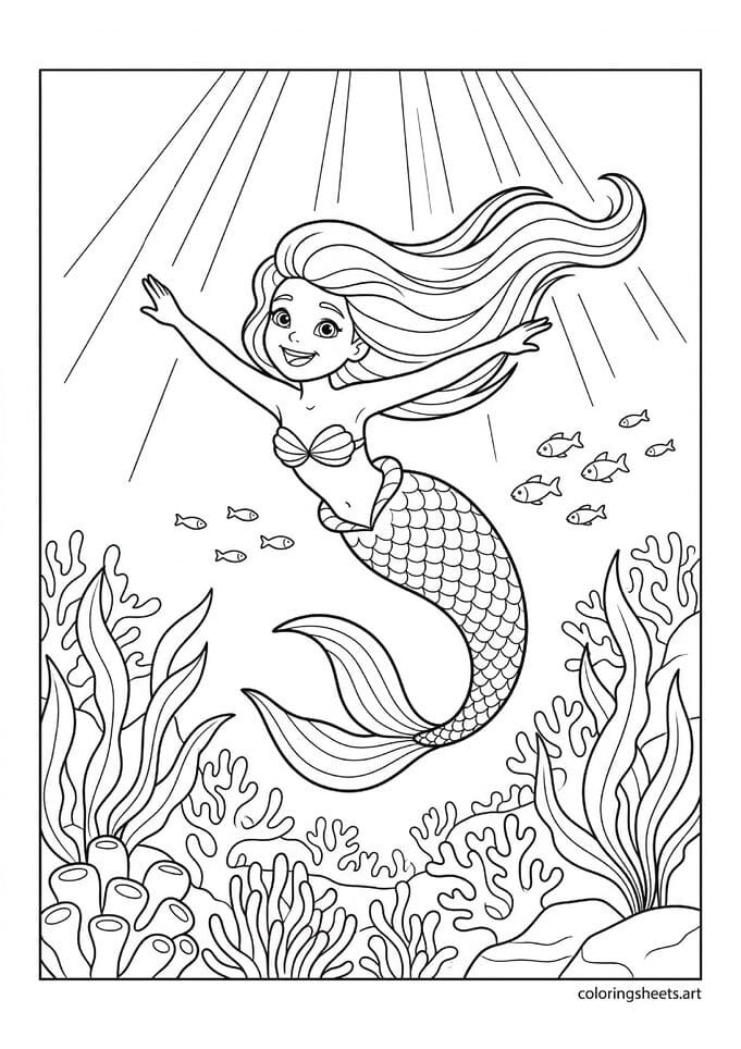 Little Mermaid Swimming Underwater Coloring Page, Free Ocean Swim Printable PDF