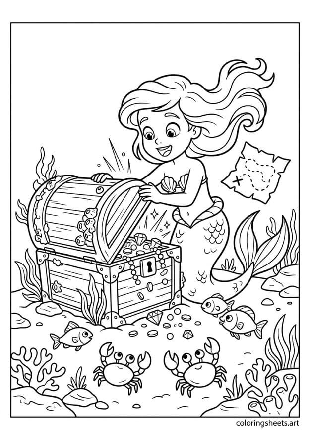 Little mermaid opening treasure chest coloring page, gems spilling out and golden light, amazed eyes, free printable PDF.