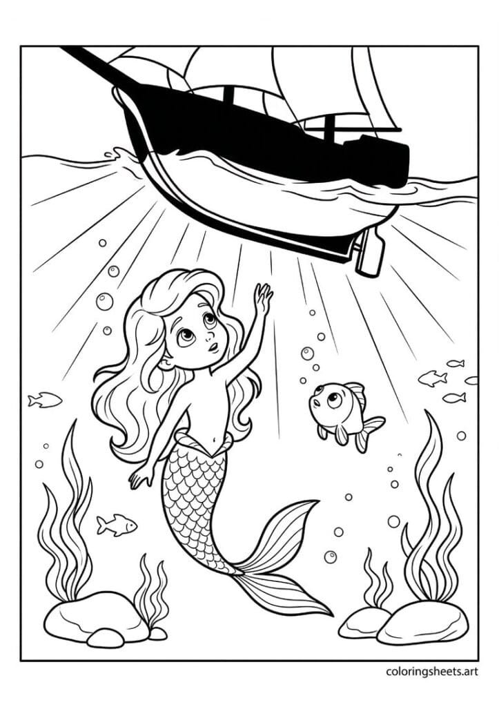Little mermaid looking up at sailing ship coloring page, reaching upward with wonder, ocean surface, free printable PDF.