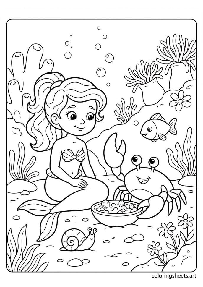 Little mermaid and crab best friend sharing bowl of pebbles coloring page, snail and fish, free printable PDF.