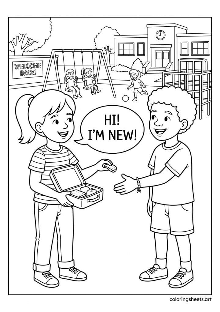 Two kids meeting as new school friends on playground sharing snack with Hi I'm New speech bubble and school building back to school coloring page — free printable PDF