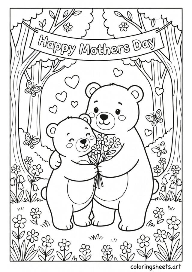 Mama bear and baby bear hugging with flower bouquet Happy Mothers Day banner and spring forest Mothers Day coloring page for kids — free printable PDF