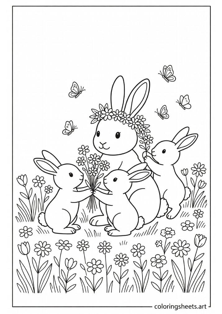 Mama bunny with three baby bunnies presenting flower bouquet and making flower crown in spring meadow Mothers Day coloring page — free printable PDF