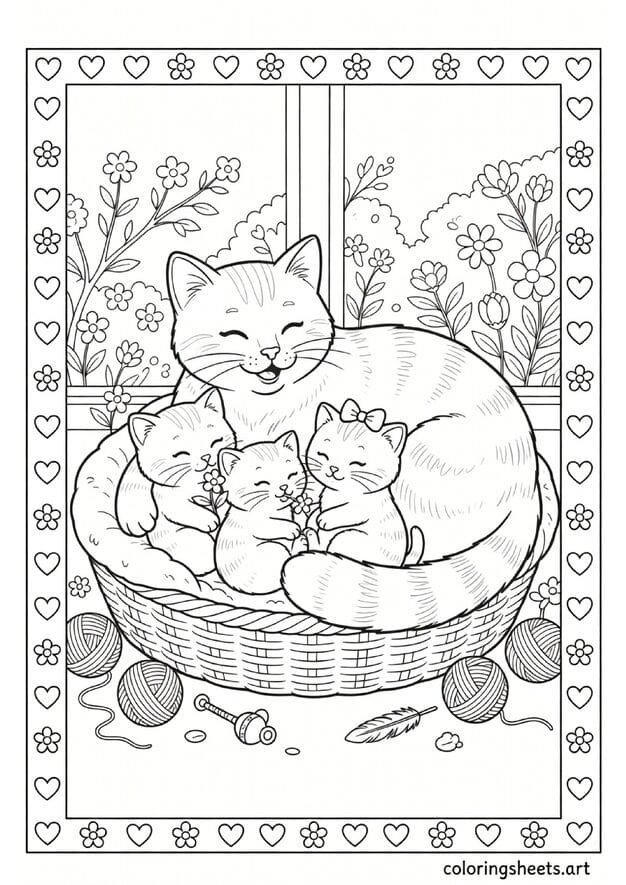 Sweet mama cat curled up with three kittens one holding a flower in cozy basket Mothers Day coloring page for kids — free printable PDF
