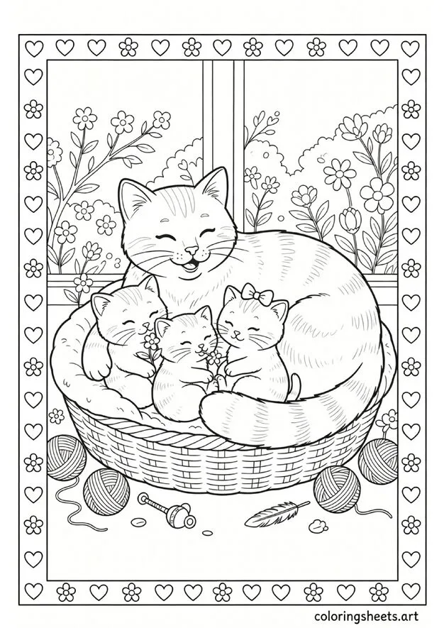 Sweet mama cat curled up with three kittens one holding a flower in cozy basket Mothers Day coloring page for kids — free printable PDF