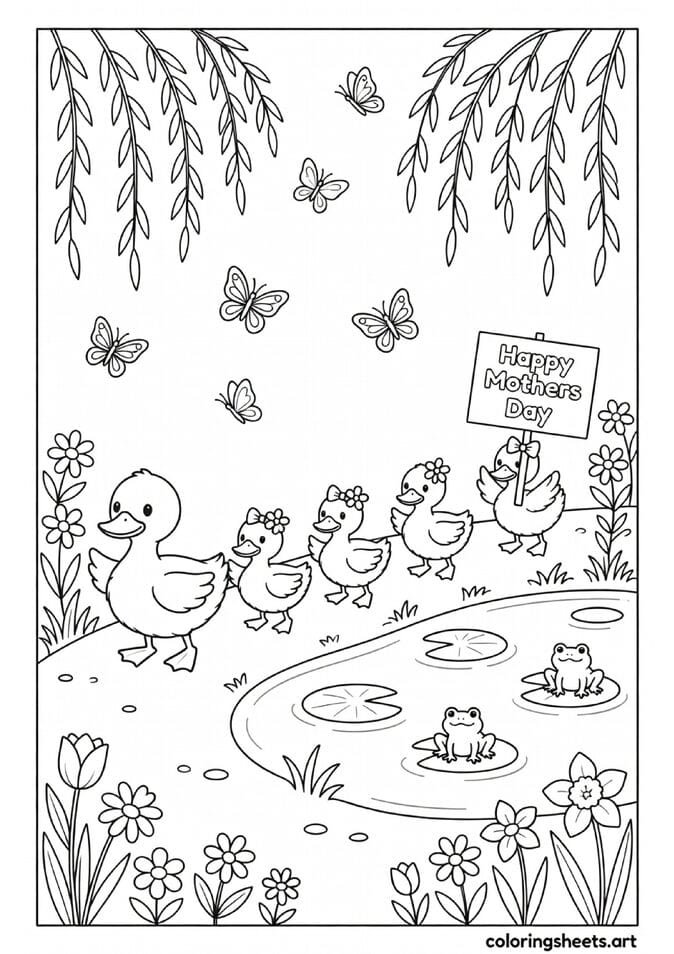 Mama duck leading five ducklings with last one holding Happy Mothers Day sign at spring pond Mothers Day coloring page — free printable PDF