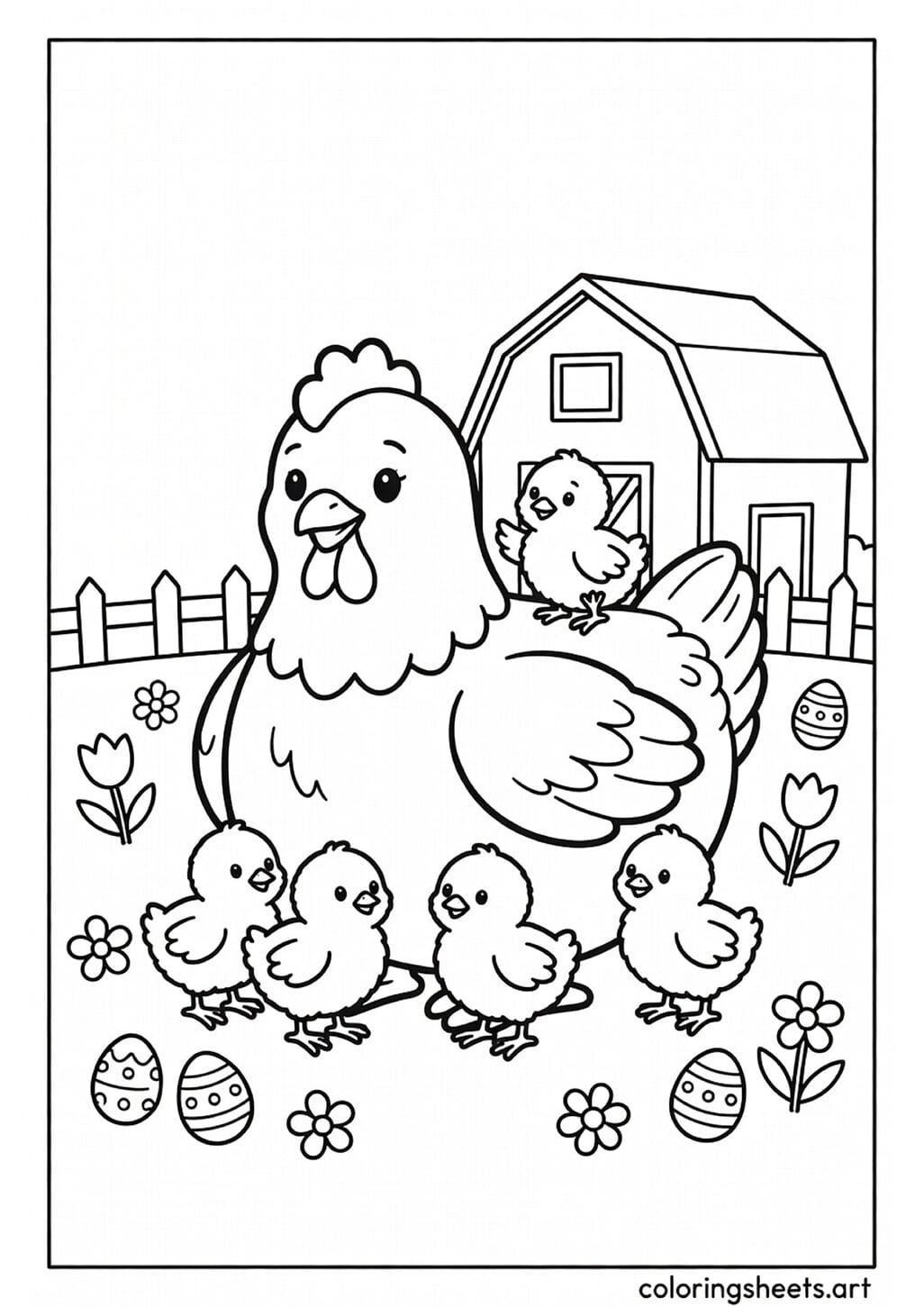 Mama hen with five baby chicks around her wings in a spring farm setting Easter coloring page for kids — free printable PDF
