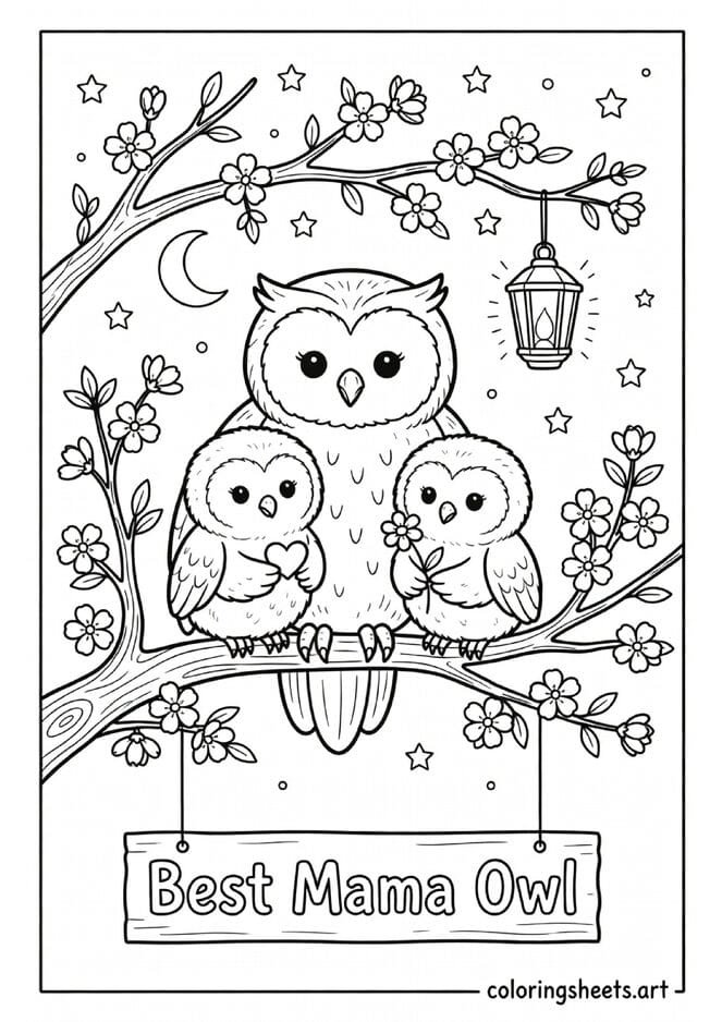 Mama owl with two baby owlets holding heart and flower on spring blossom branch with Best Mama Owl sign Mothers Day coloring page — free printable PDF