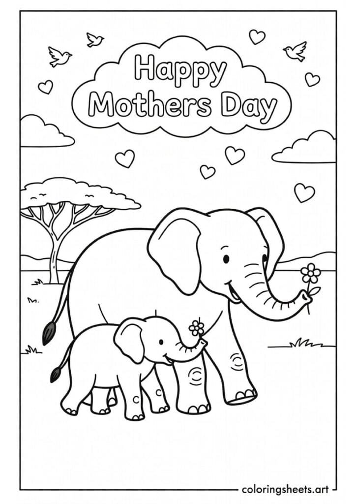 Mama elephant and baby elephant walking together baby holding tail and carrying flower Happy Mothers Day coloring page for kids — free printable PDF