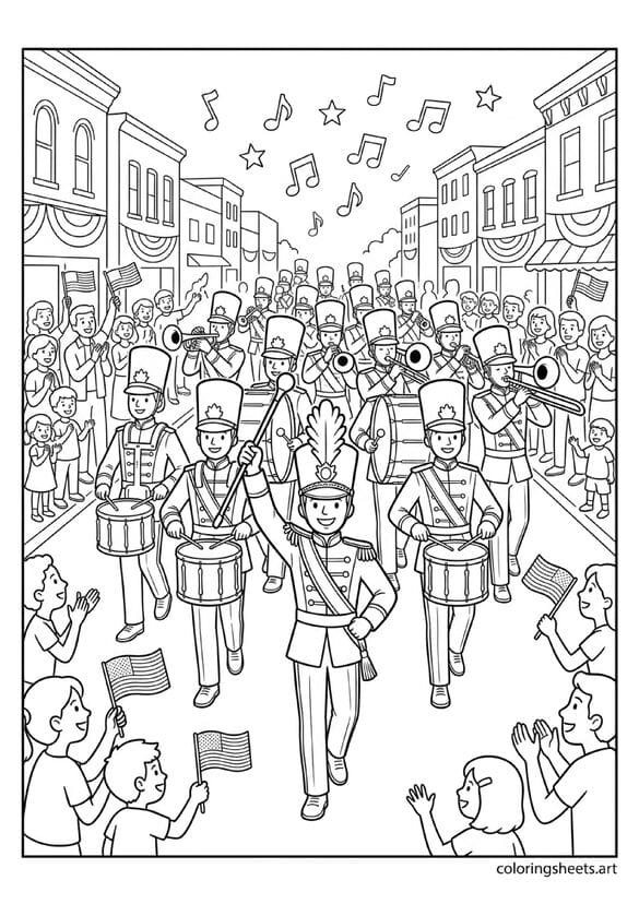 4th of July marching band in patriotic uniforms with drum major baton drum line trumpets trombones and musical notes floating coloring page — free printable PDF