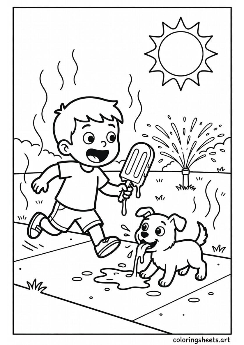 Kid holding dripping melting popsicle with dog licking drips in American backyard sprinkler and blazing sun summer coloring page — free printable PDF